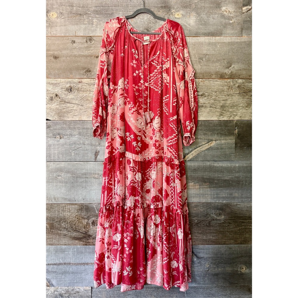 Chufy Paracas Caftan Dress S Red Pink Floral Tiered Maxi Boho Resort Luxury Vaca - Picture 4 of 15